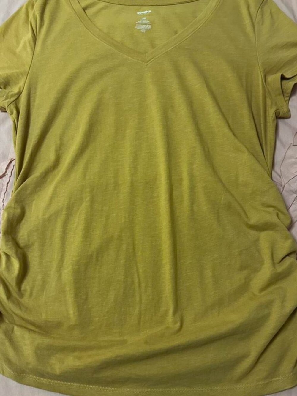 Sonoma Maternity golden yellow V-neck top with ruched sides.